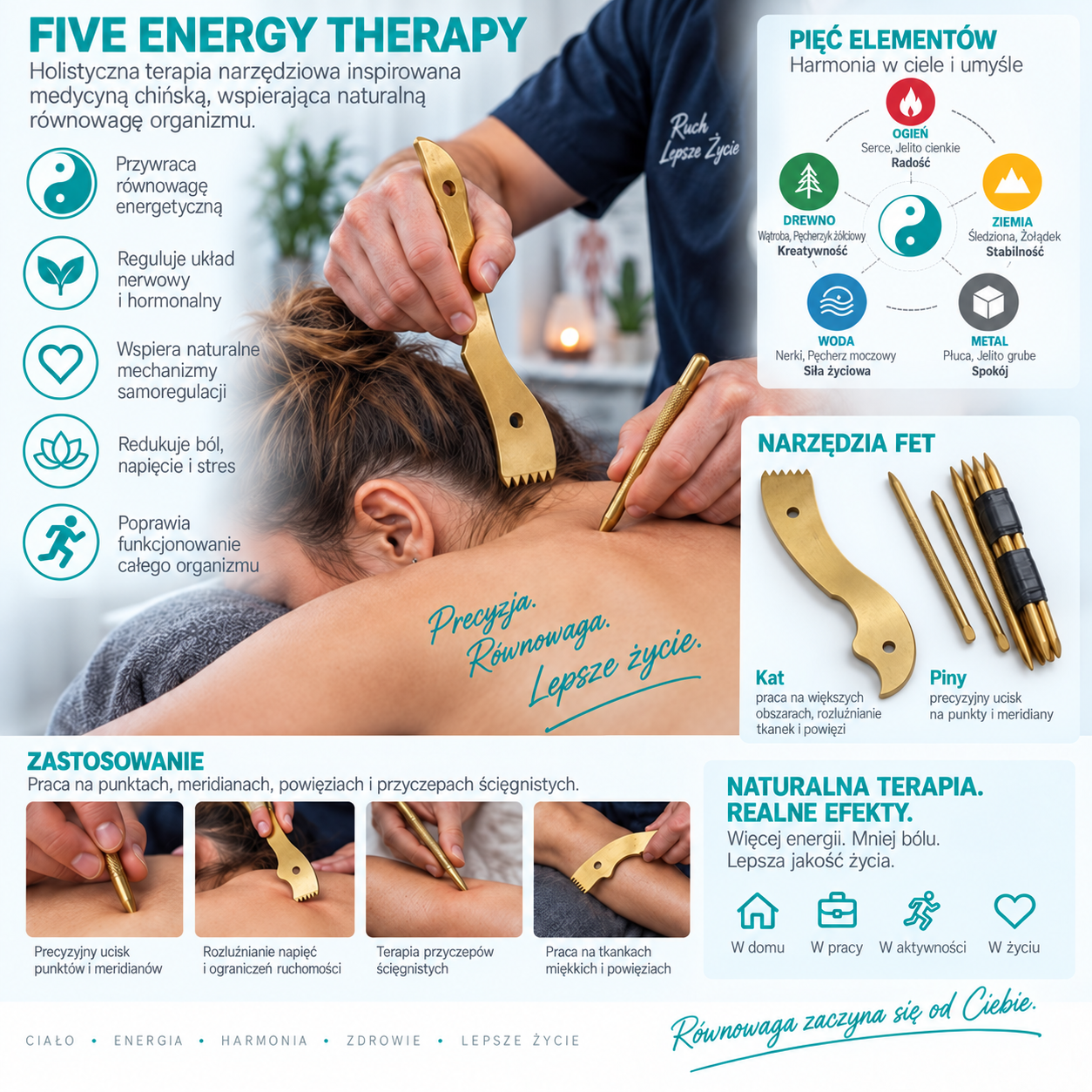 Infografika Five Energy Therapy — pięć żywiołów, narzędzia FET i zastosowanie