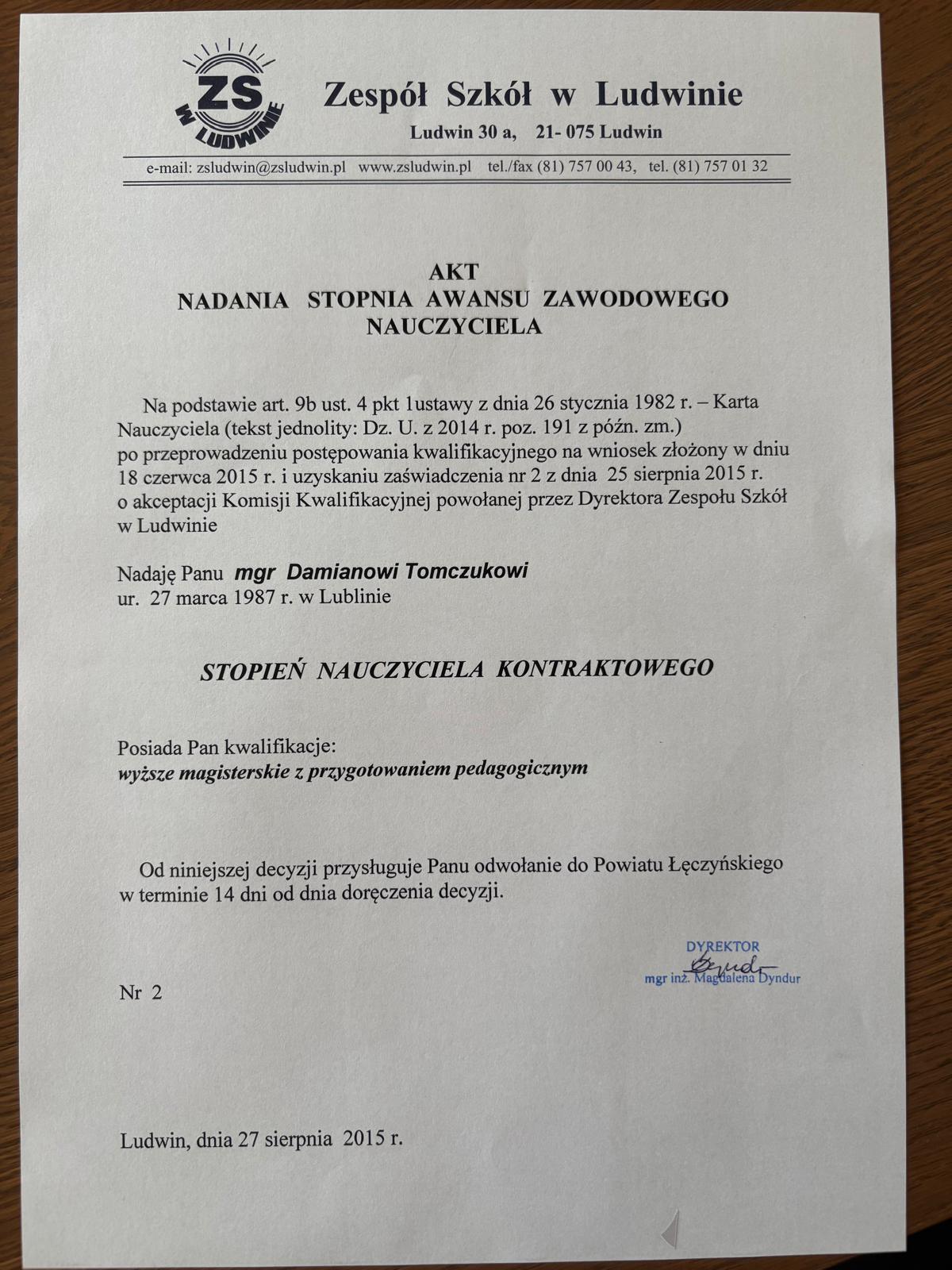 Akt nadania stopnia nauczyciela kontraktowego